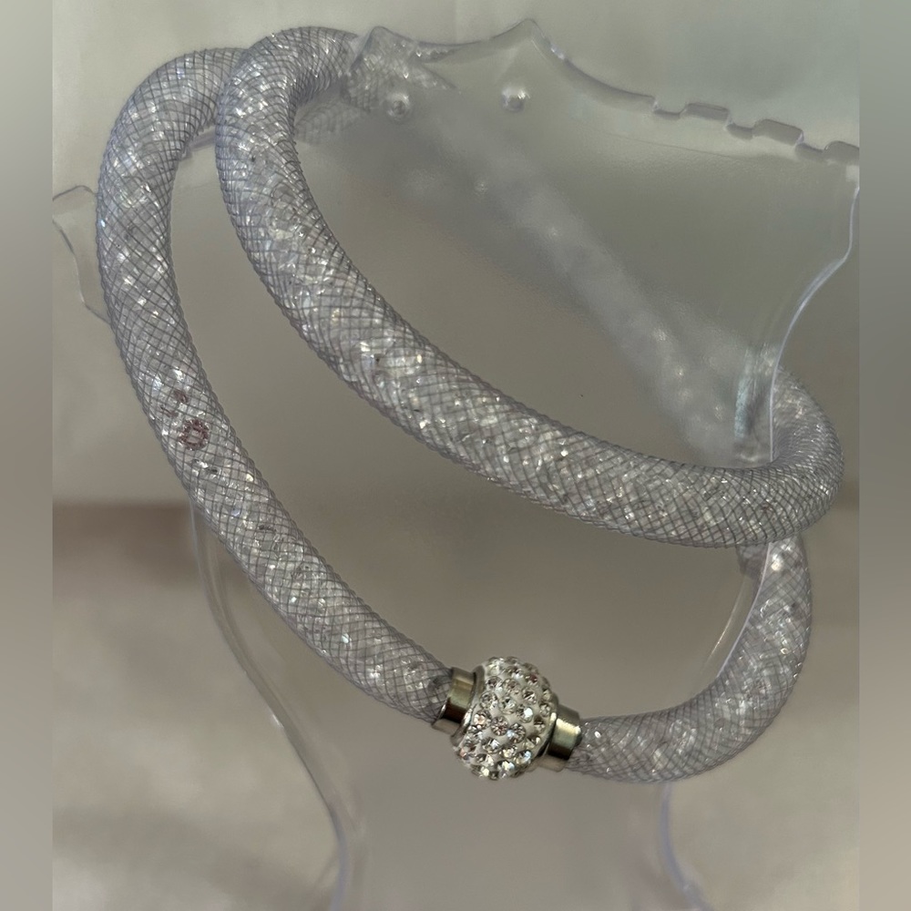 NEW Silver-Tone Faux Crystal Ball Magnetic Closure Gray Mesh Necklace/Bracelet
